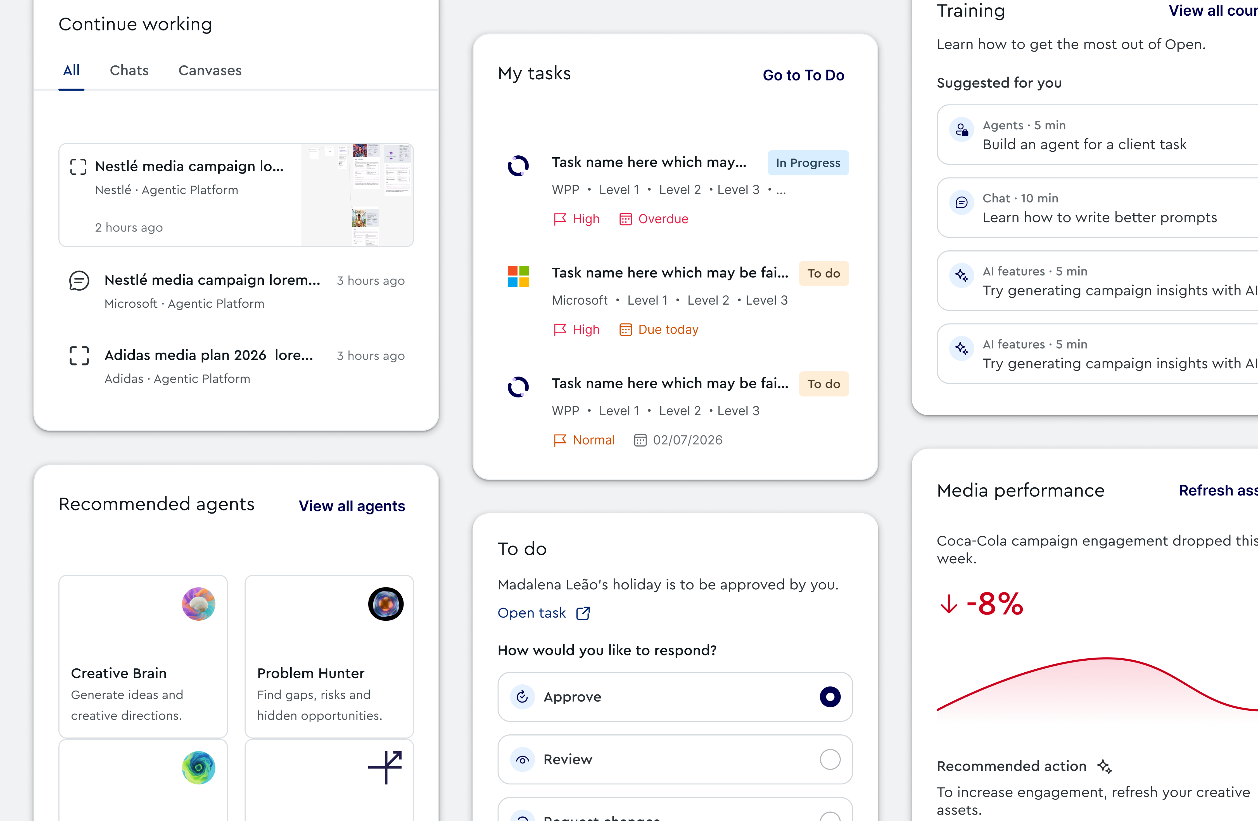 Cards organised around user needs