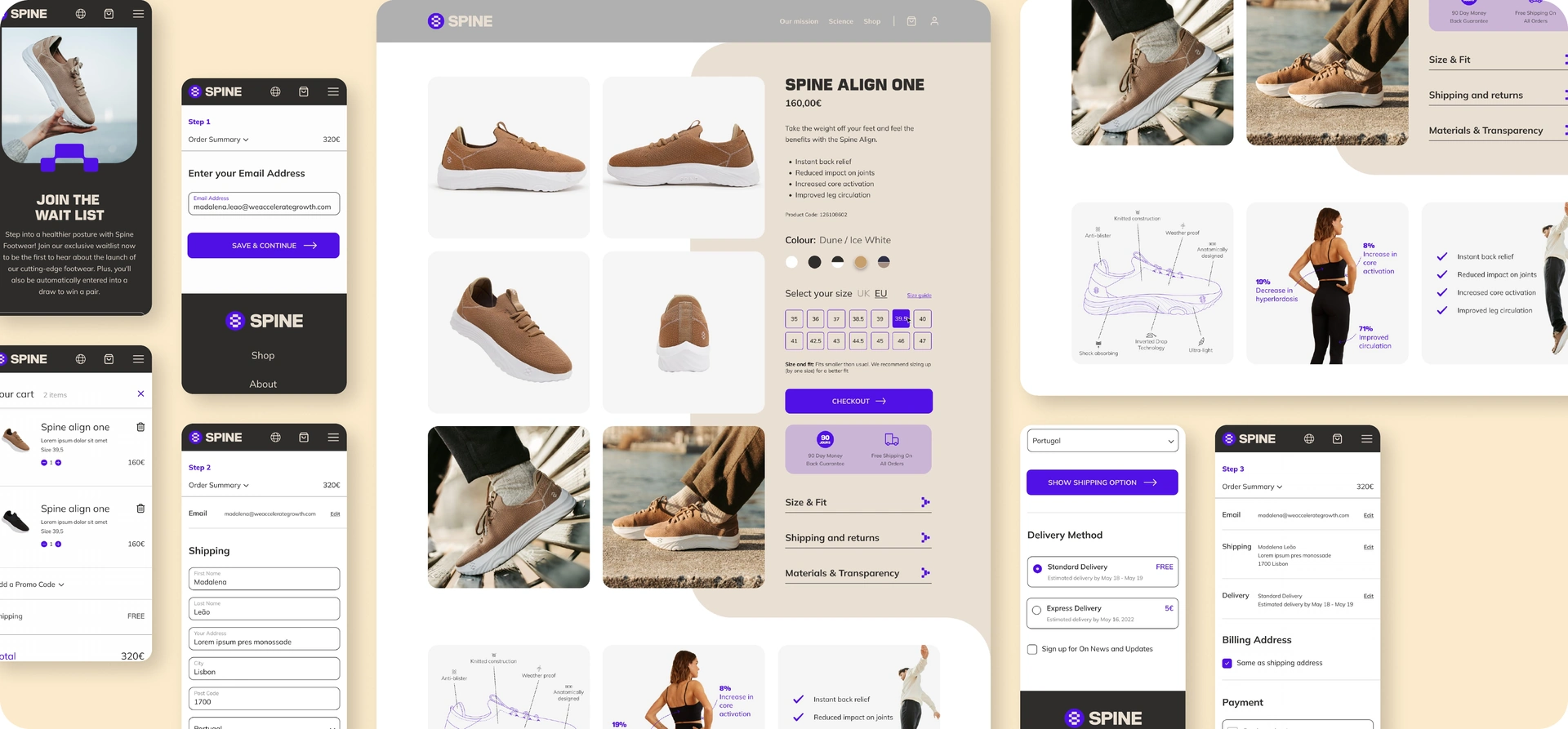 Spine desktop product page and mobile shopping journey with basket, shipping, payment and order-summary screens