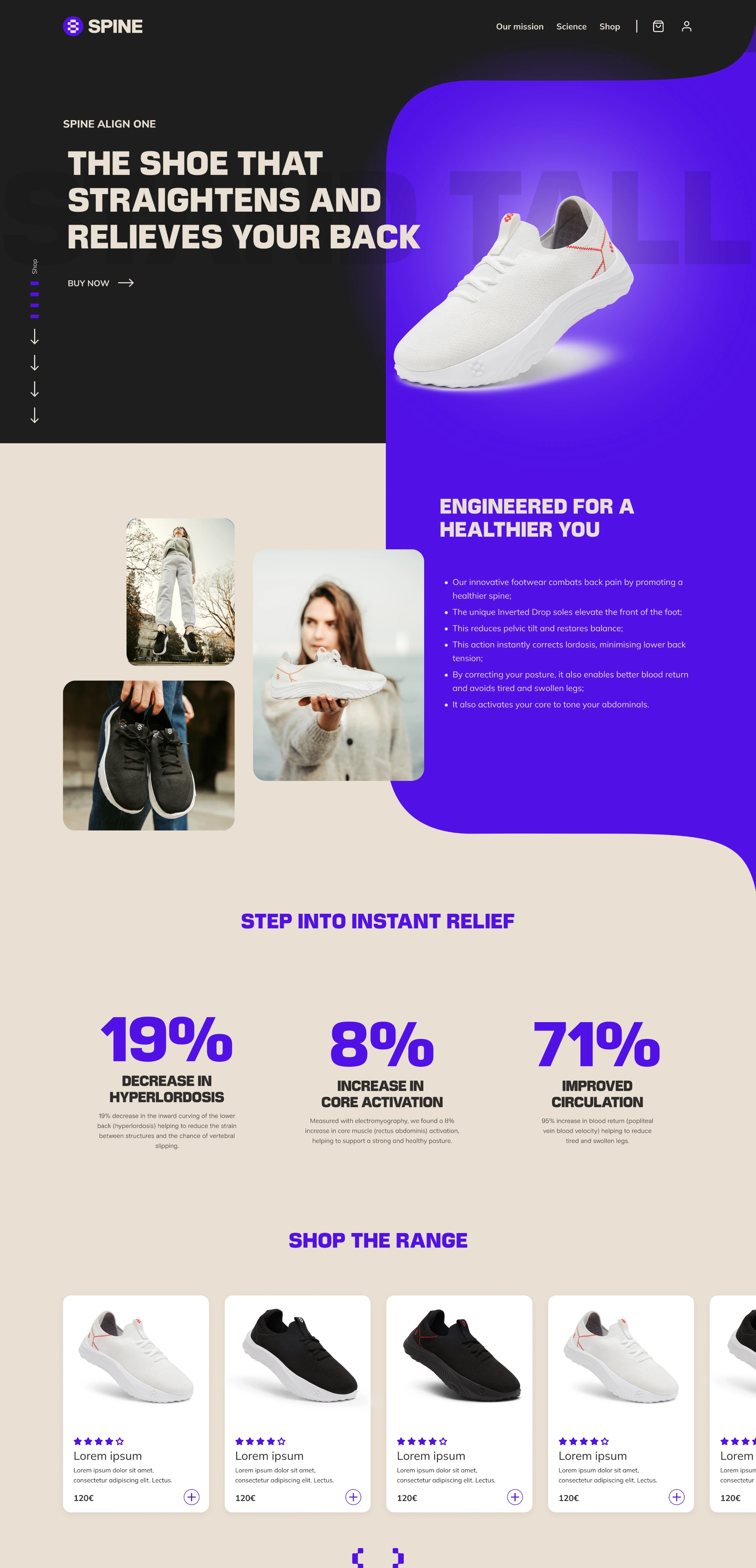First Spine homepage iteration with a purple hero, product information, photography and product cards