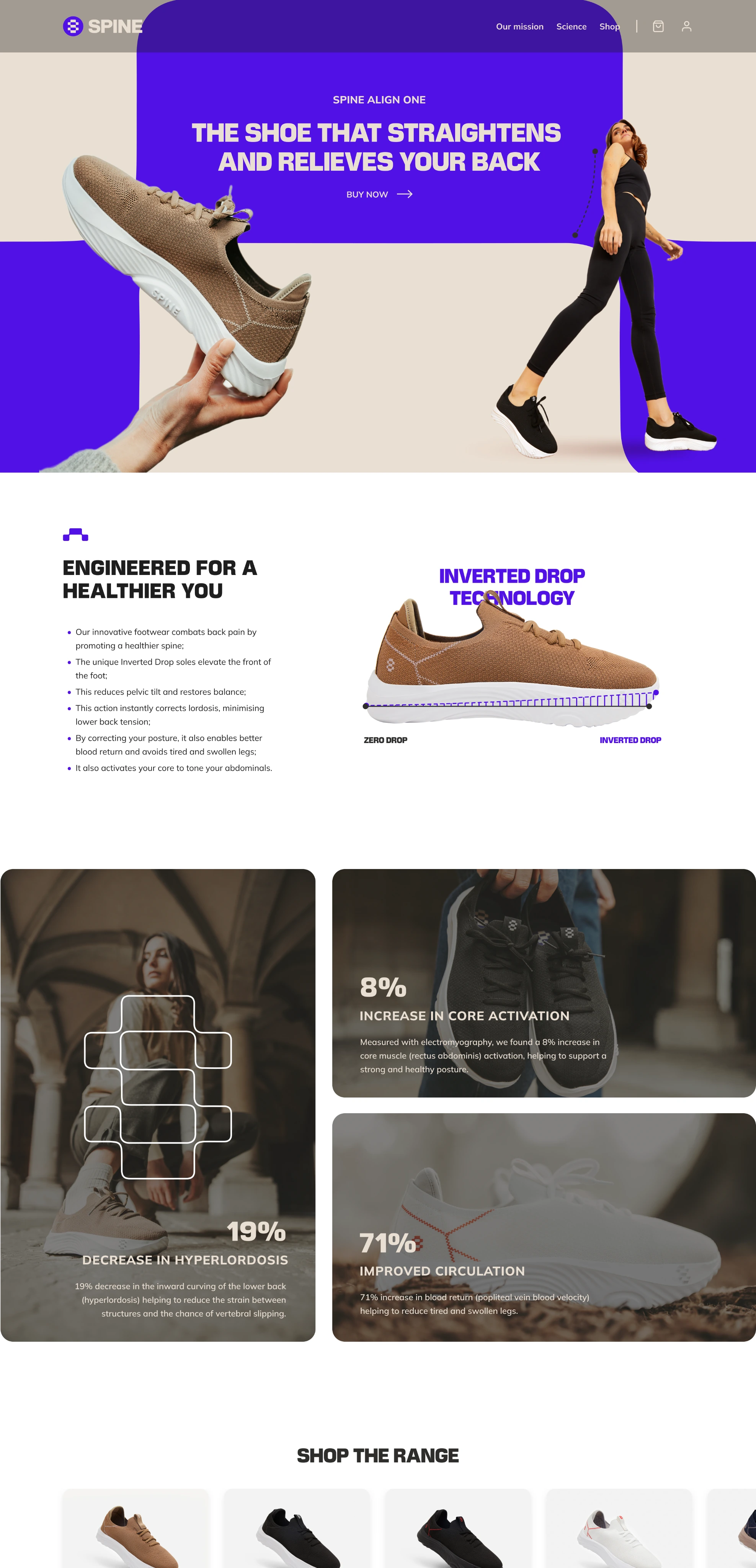 Third Spine homepage iteration with a purple opening, footwear details, lifestyle photography and a product range
