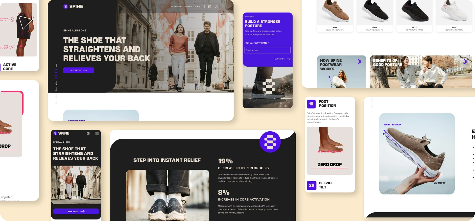 Spine desktop and mobile website designs, showing the visual identity, product story, product range and footwear details